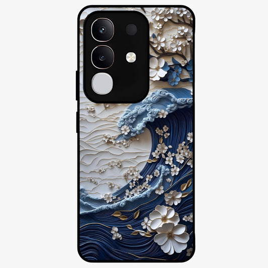Floral Wave Origami Glass Case showing flat back view with origami inspired floral wave artwork and glossy glass finish.