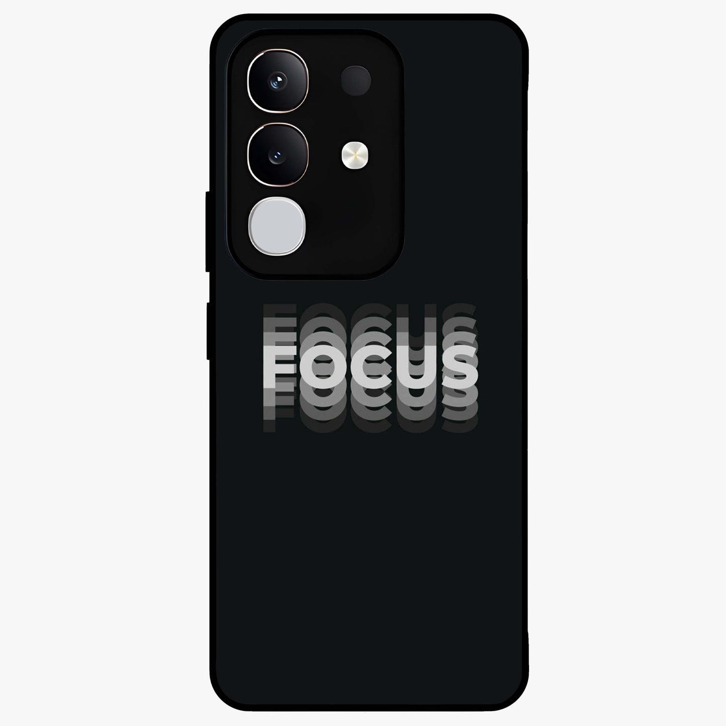 Focus Mode On Glass Case showing flat back view with bold motivational typography design and glossy glass finish.