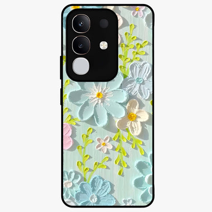 Frosted Petal Garden Glass Case showing flat back view with soft frosted floral artwork and glossy glass finish.