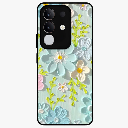 Frosted Petal Garden Glass Case showing flat back view with soft frosted floral artwork and glossy glass finish.