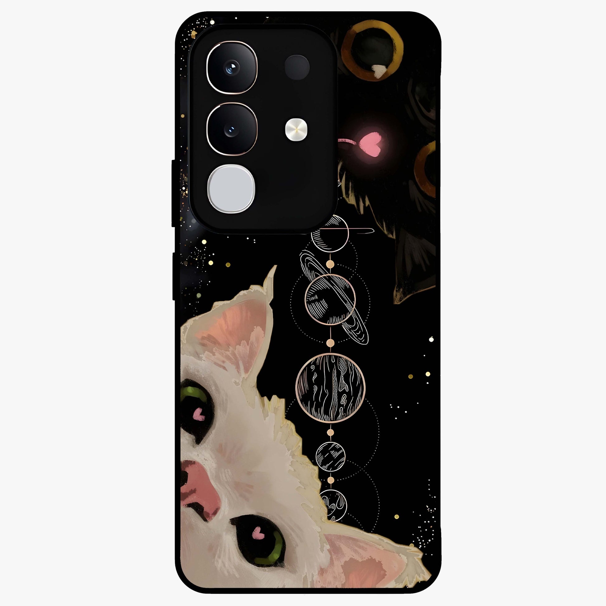 Galactic Cat Glass Case showing flat back view with cosmic cat artwork and glossy glass finish.