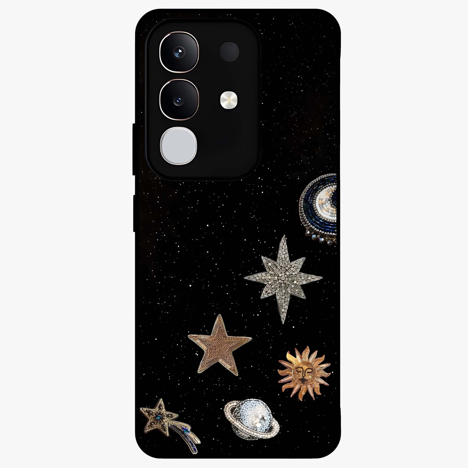 Galactic Charm Glow Glass Case showing flat back view with glowing celestial charm artwork and glossy glass finish.
