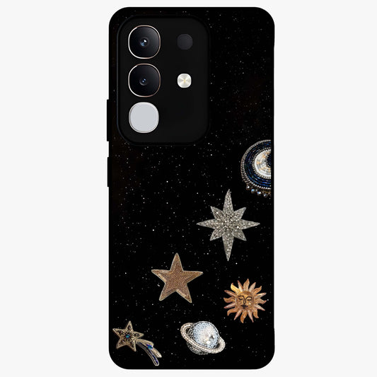 Galactic Charm Glow Glass Case showing flat back view with glowing celestial charm artwork and glossy glass finish.
