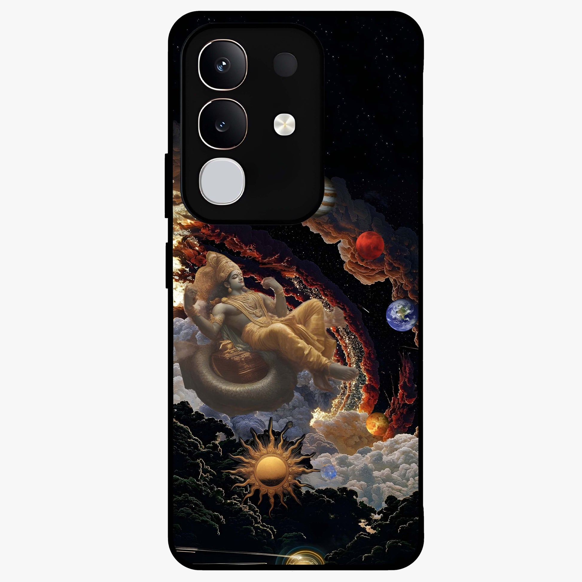 Galactic Divine God Glass Case showing flat back view with divine cosmic themed artwork and glossy glass finish.