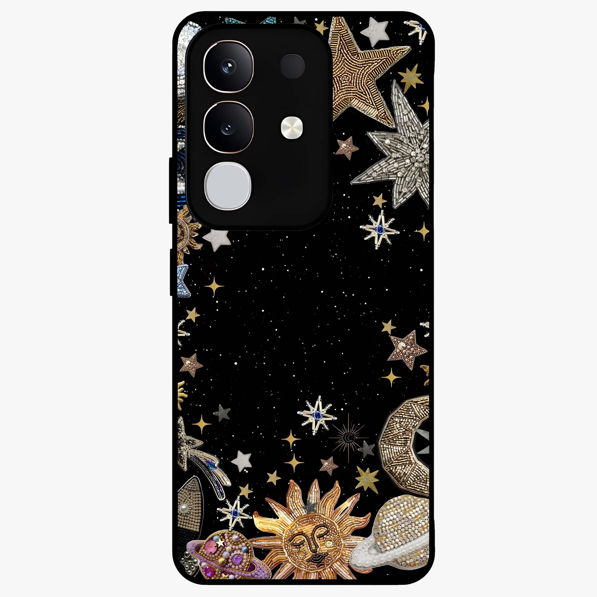 Galactic Jewel Stars Glass Case showing flat back view with sparkling star jewel artwork and glossy glass finish.
