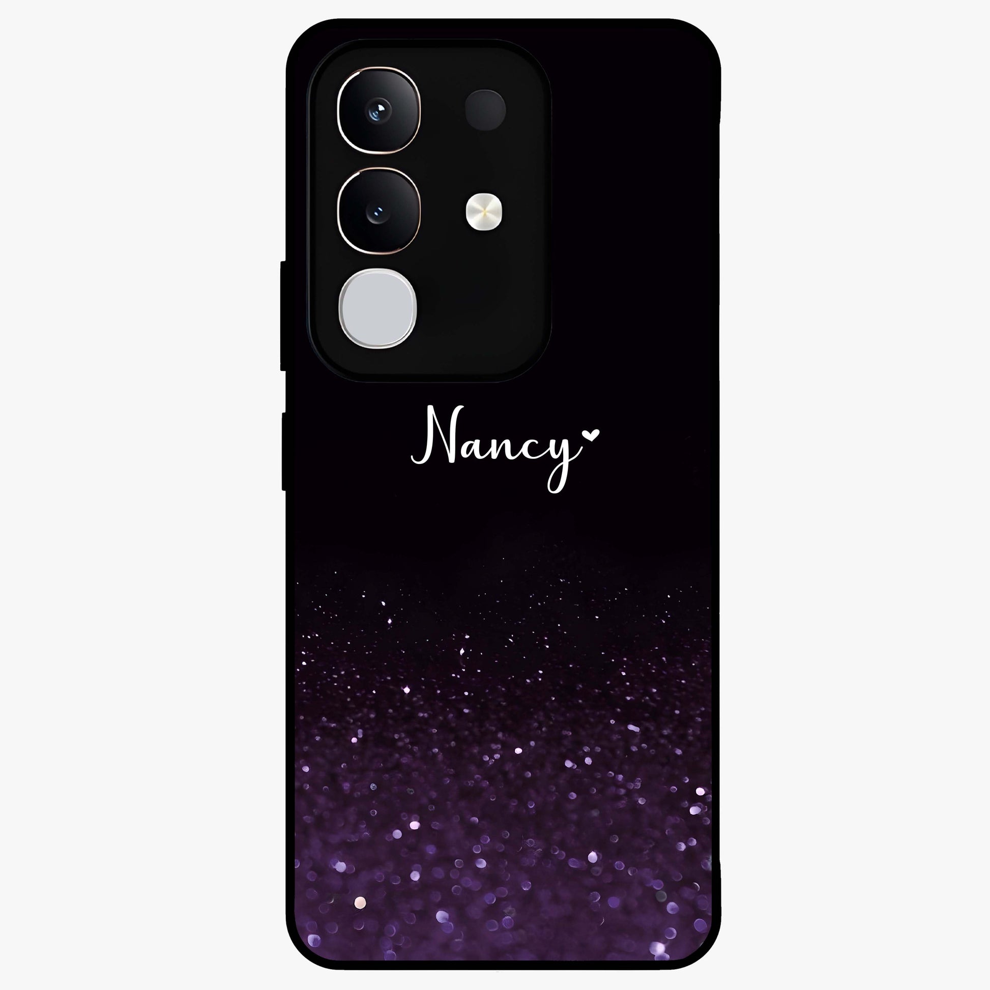 Glittery Purple Bokeh Custom Name Glass Case showing flat back view with purple bokeh sparkle artwork and personalized name design.