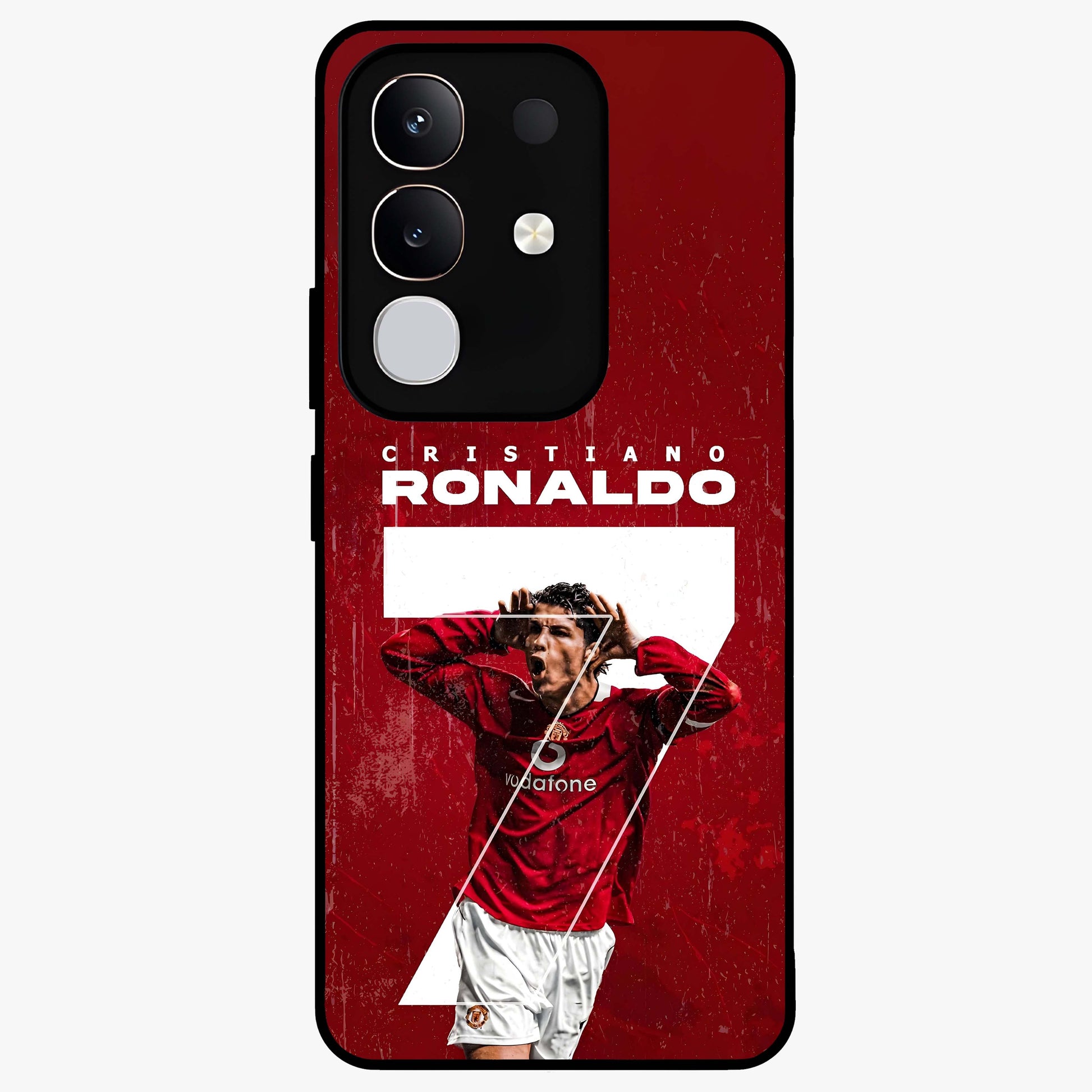 Goal Celebration Legacy Glass Case showing flat back view with football celebration inspired artwork and glossy glass finish.