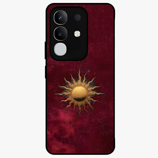 Gold Sun Blush Glass Case showing flat back view with golden sun inspired artwork and glossy glass finish.