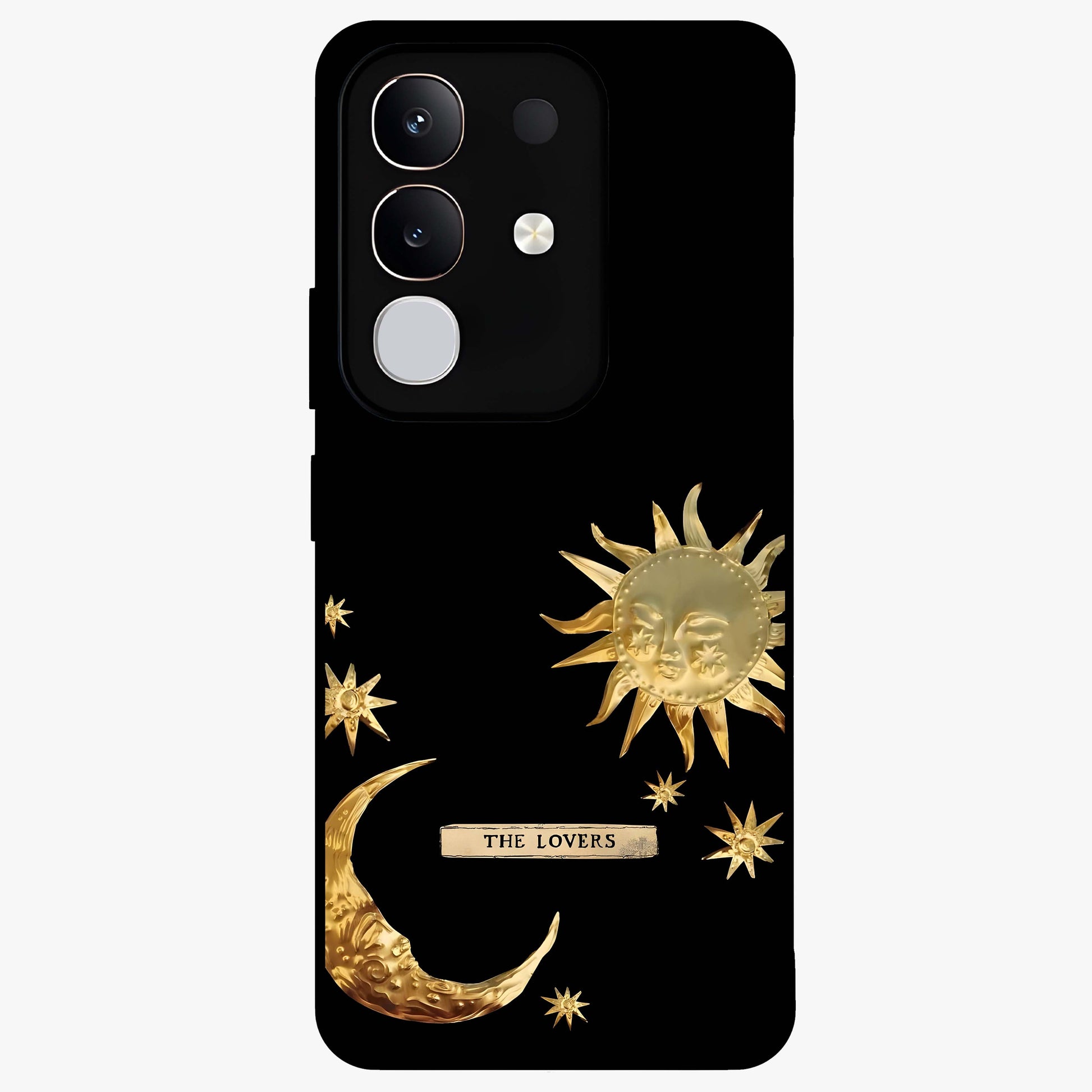 Golden Celestial Charm Glass Case showing flat back view with golden celestial charm artwork and glossy glass finish.