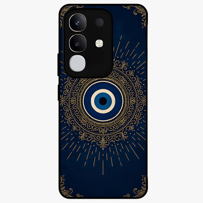 Golden Evil Eye Mandala Glass Case showing flat back view with intricate evil eye mandala artwork and glossy glass finish.