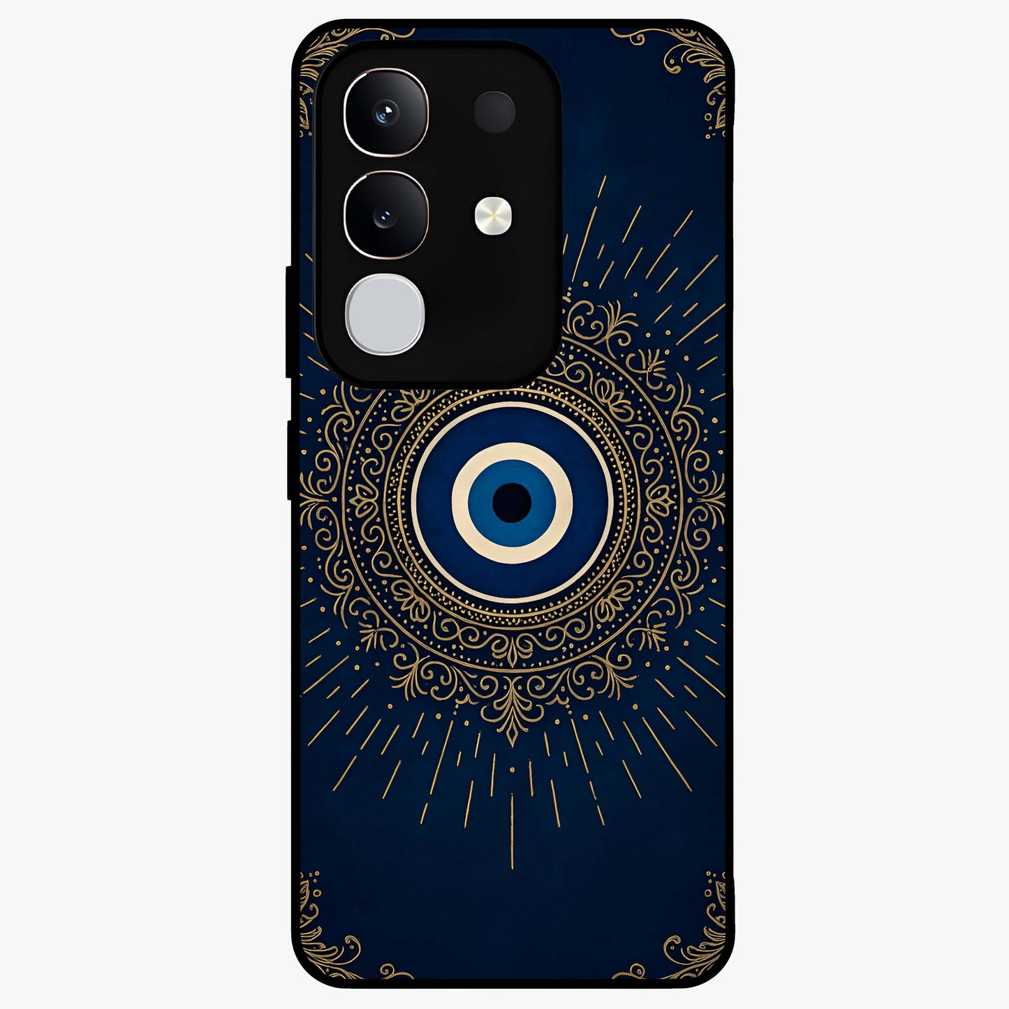 Golden Evil Eye Mandala Glass Case showing flat back view with intricate evil eye mandala artwork and glossy glass finish.