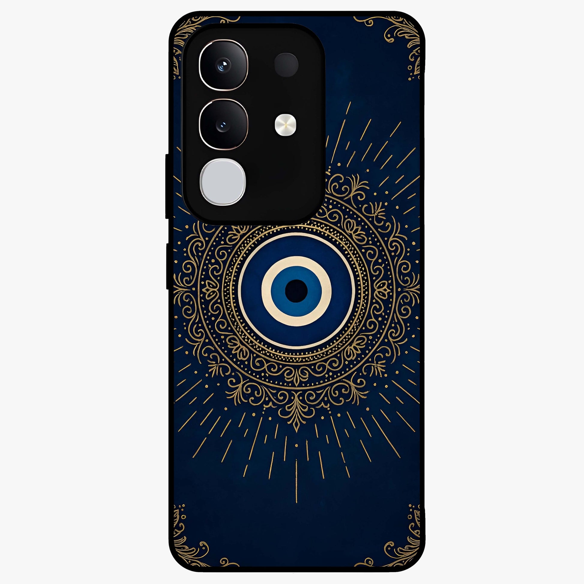 Golden Evil Eye Mandala Glass Case showing flat back view with intricate evil eye mandala artwork and glossy glass finish.