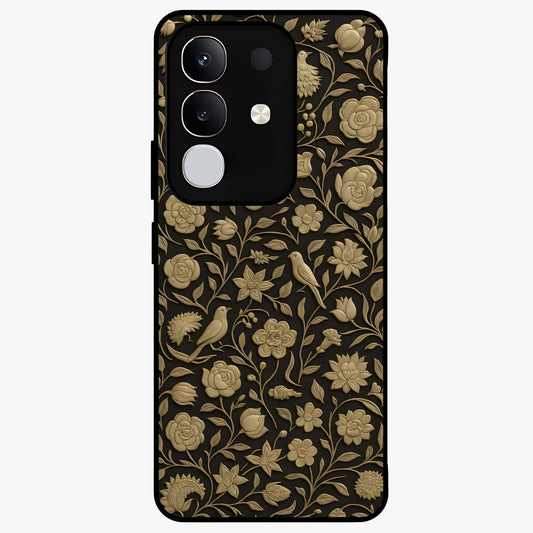Golden Floral Majesty Glass Case showing flat back view with luxurious golden floral artwork and glossy glass finish.