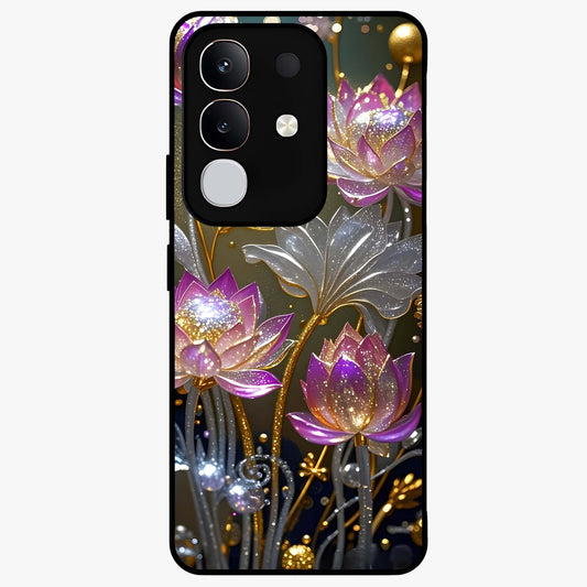 Golden Lotus Glow Glass Case showing flat back view with glowing lotus flower artwork and glossy glass finish.