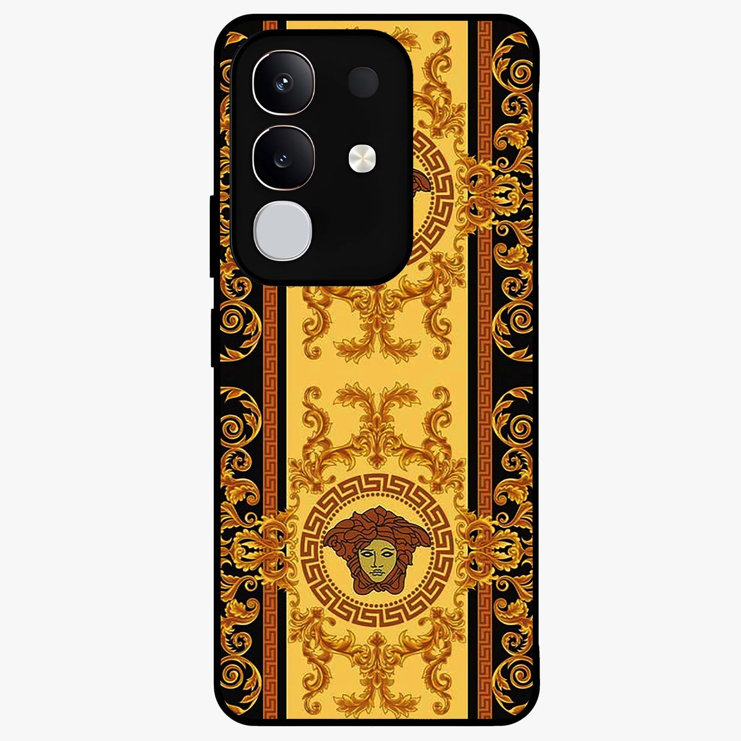 Golden Royal Heritage Glass Case showing flat back view with ornate royal pattern artwork and glossy glass finish.