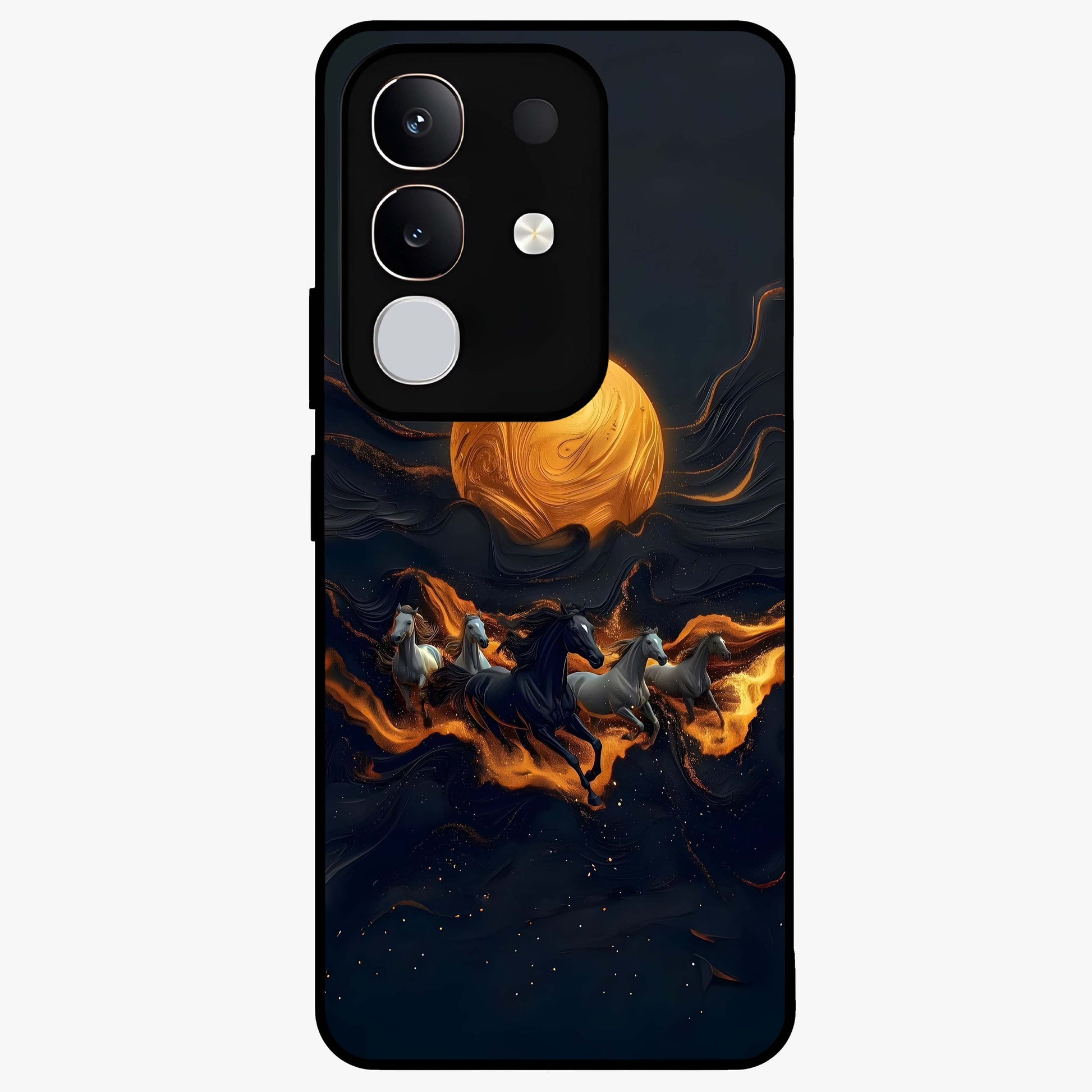 Golden Stallion Moonride Glass Case showing flat back view with majestic horse under moonlight artwork and glossy glass finish.