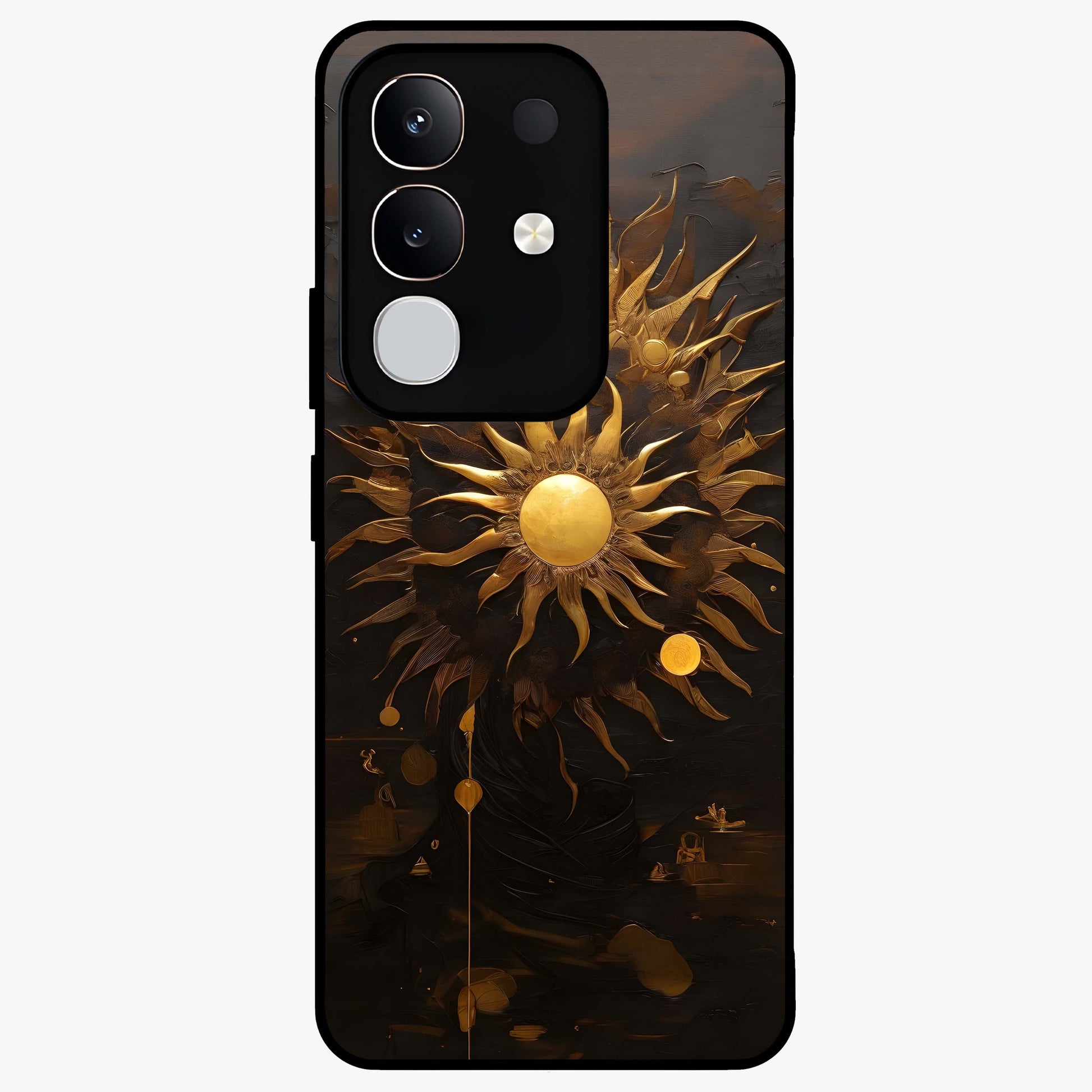 Golden Sun Majesty Glass Case showing flat back view with radiant golden sun artwork and glossy glass finish.