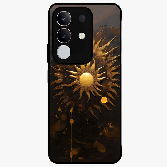 Golden Sun Majesty Glass Case showing flat back view with radiant golden sun artwork and glossy glass finish.