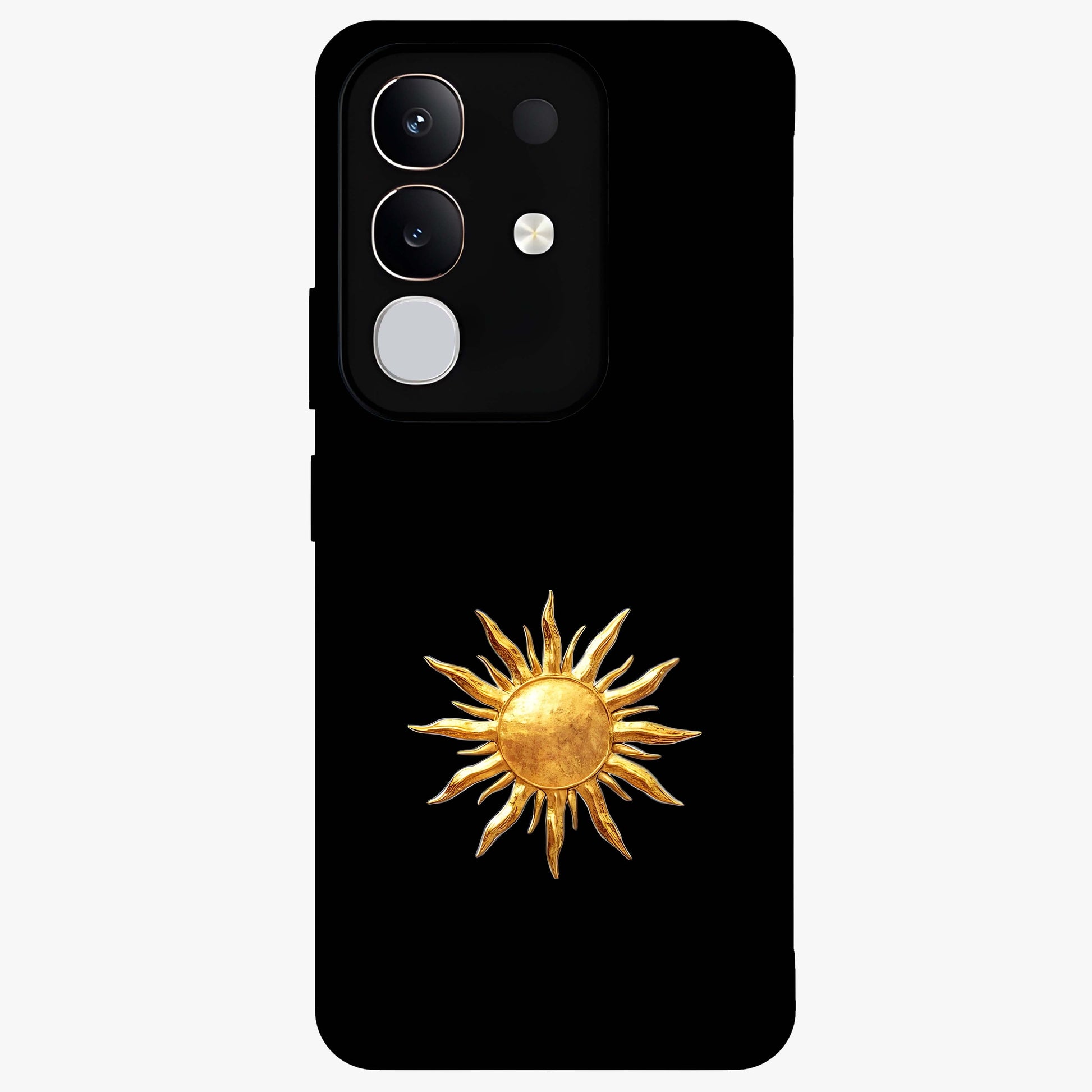 Golden Sun Minimalism Glass Case showing flat back view with minimal golden sun artwork and glossy glass finish.