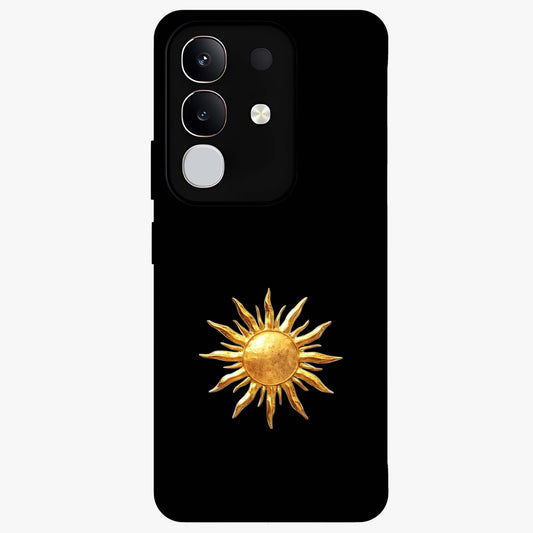 Golden Sun Minimalism Glass Case showing flat back view with minimal golden sun artwork and glossy glass finish.
