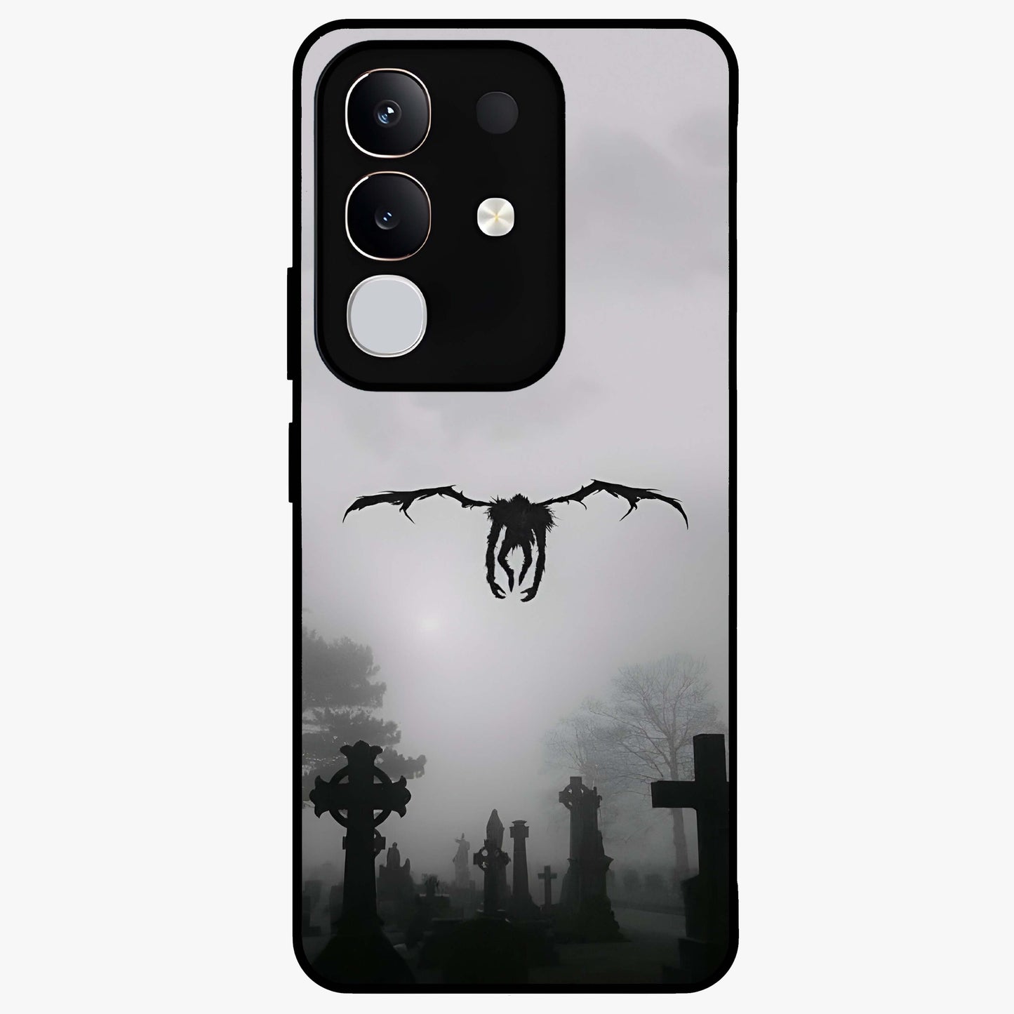 Graveyard Shadow Descent Glass Case showing flat back view with dark graveyard themed artwork and glossy glass finish.
