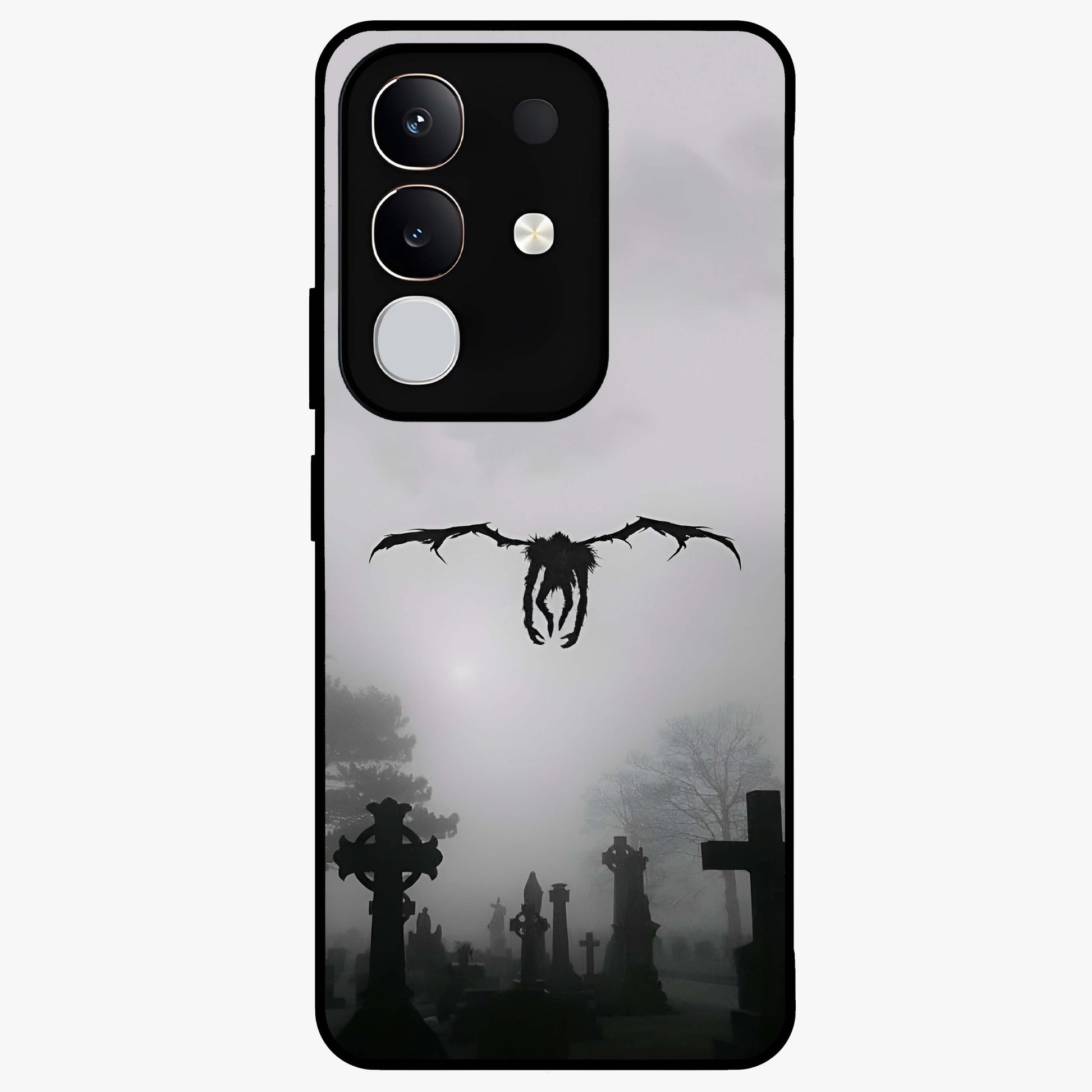 Graveyard Shadow Descent Glass Case showing flat back view with dark graveyard themed artwork and glossy glass finish.