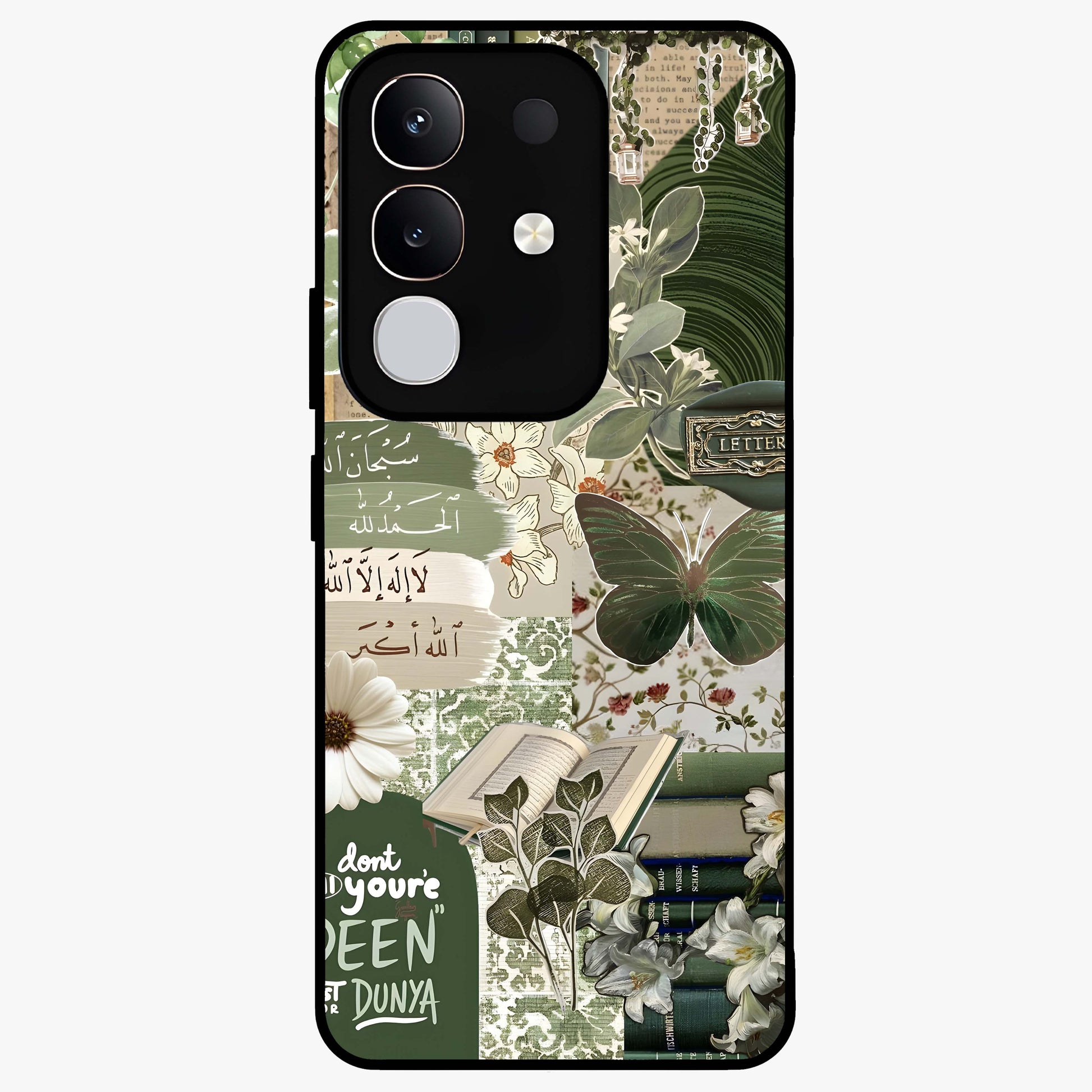 Green Islamic Books Quotes Glass Case showing flat back view with Islamic quotes and book themed artwork and glossy glass finish.