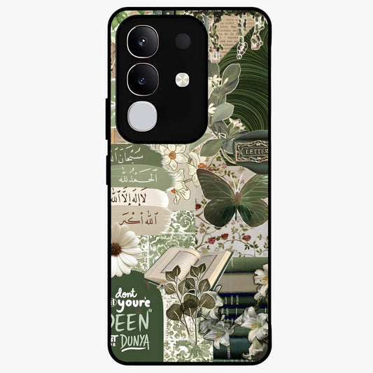 Green Islamic Books Quotes Glass Case showing flat back view with Islamic quotes and book themed artwork and glossy glass finish.