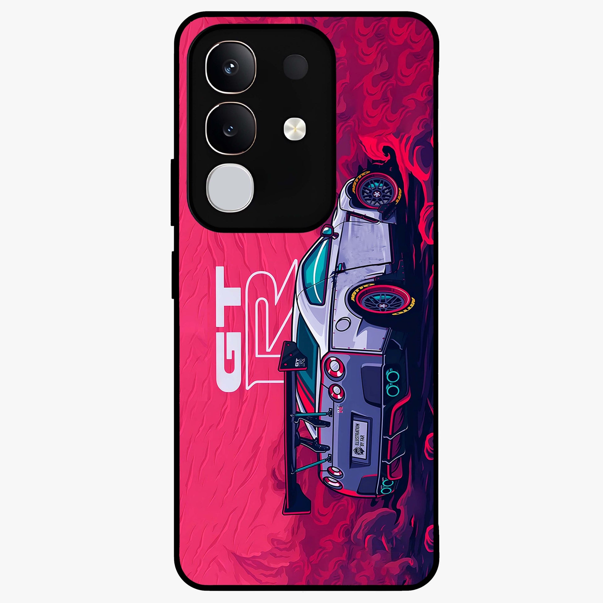 GT-R Car Pattern Glass Case showing flat back view with sporty car inspired pattern artwork and glossy glass finish.