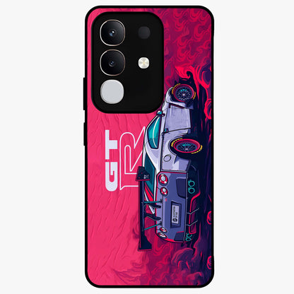GT-R Car Pattern Glass Case showing flat back view with sporty car inspired pattern artwork and glossy glass finish.