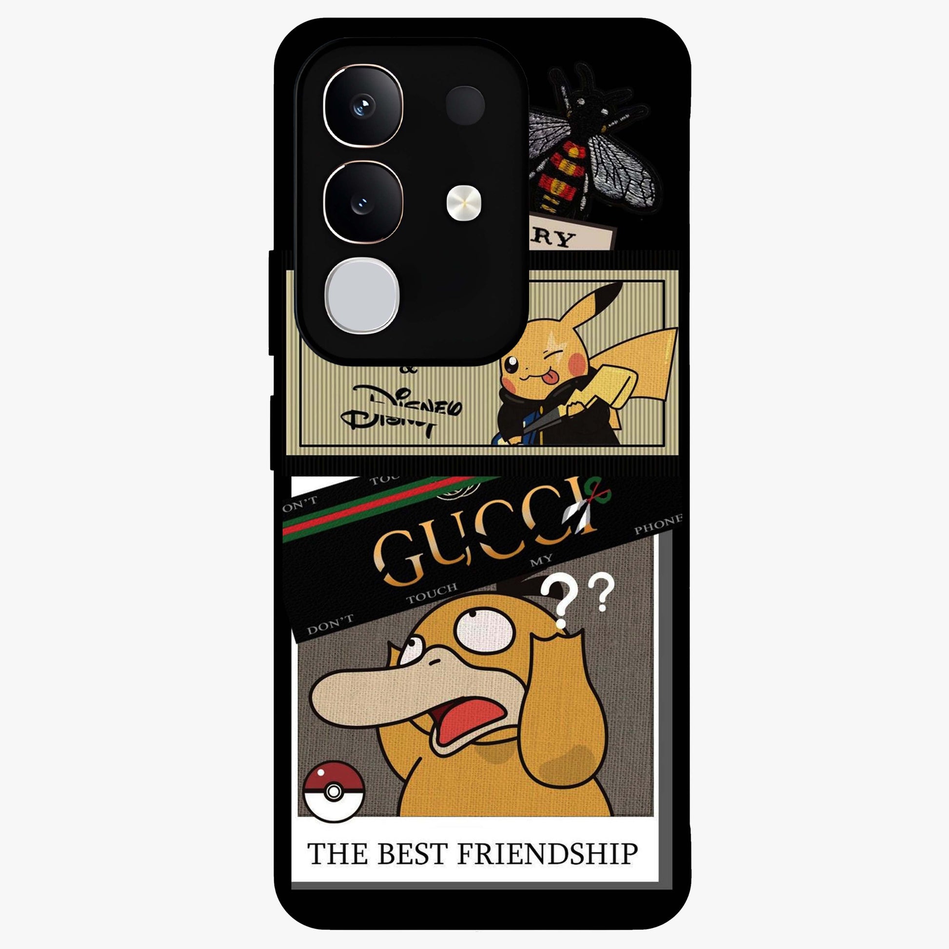 Gucci Play Mashup Glass Case showing flat back view with luxury inspired graphic artwork and glossy glass finish.