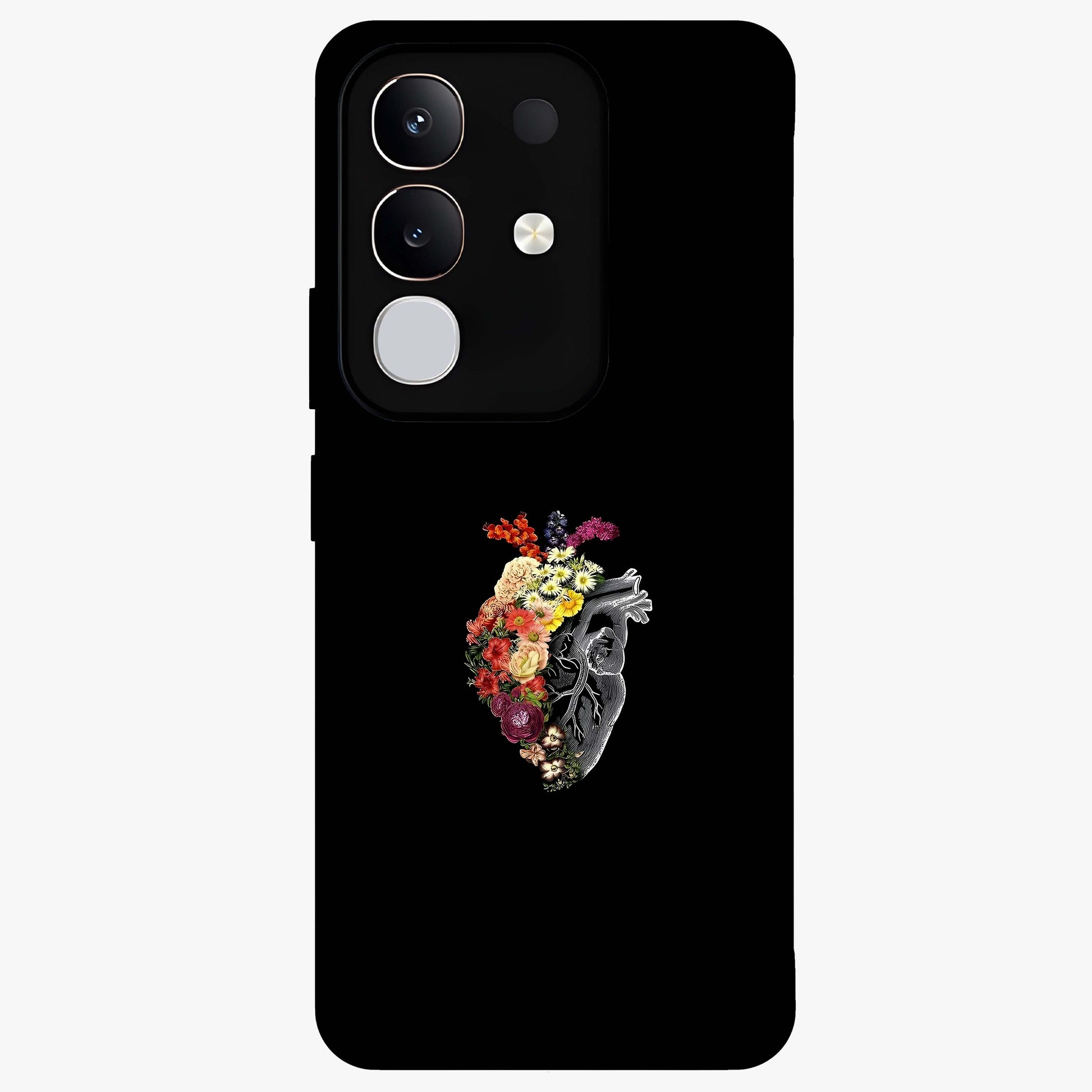 Heart With Flowers Glass Case showing flat back view with heart shaped floral artwork and glossy glass finish.