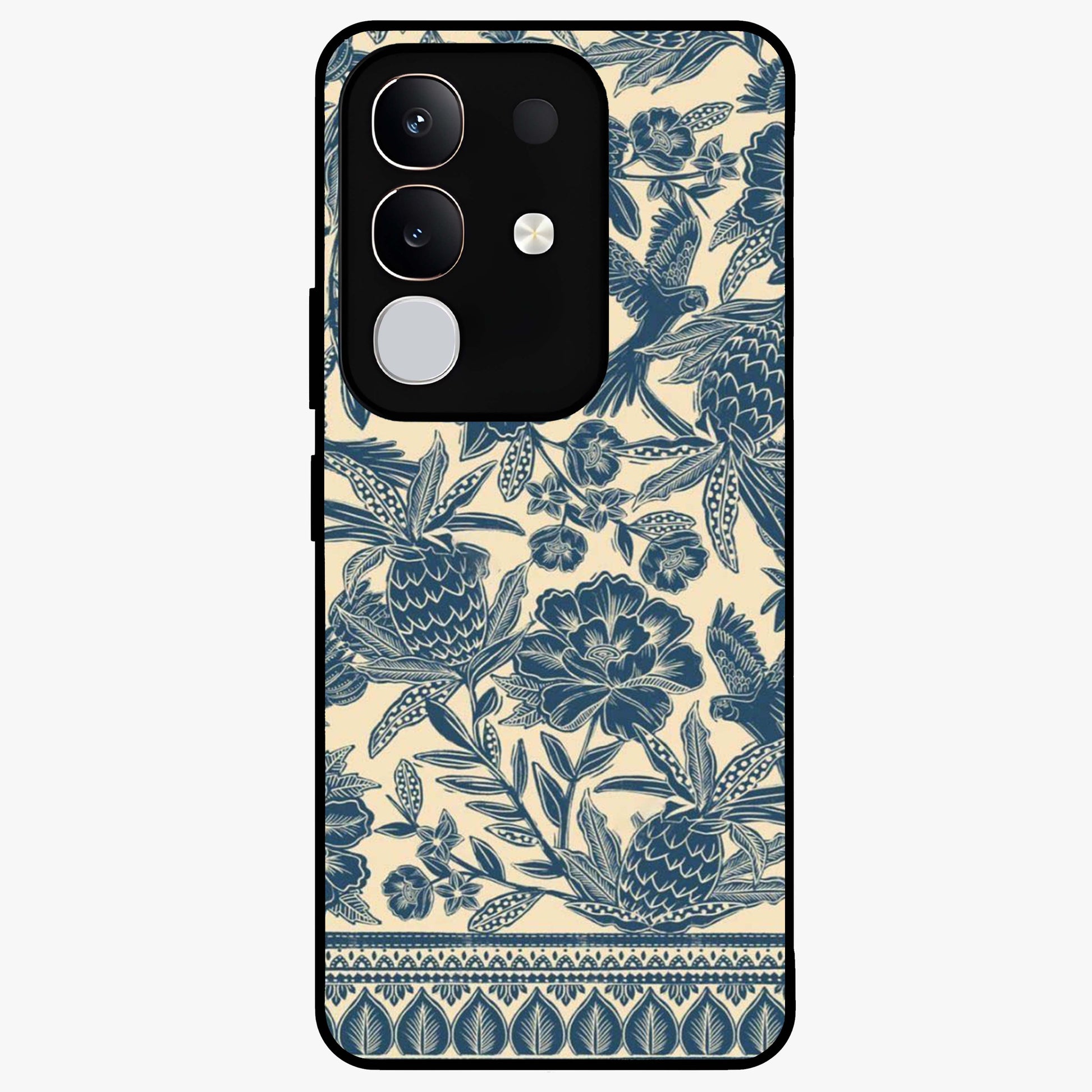 Heirloom Wild Bloom Glass Case showing flat back view with vintage inspired wild flower artwork and glossy glass finish.