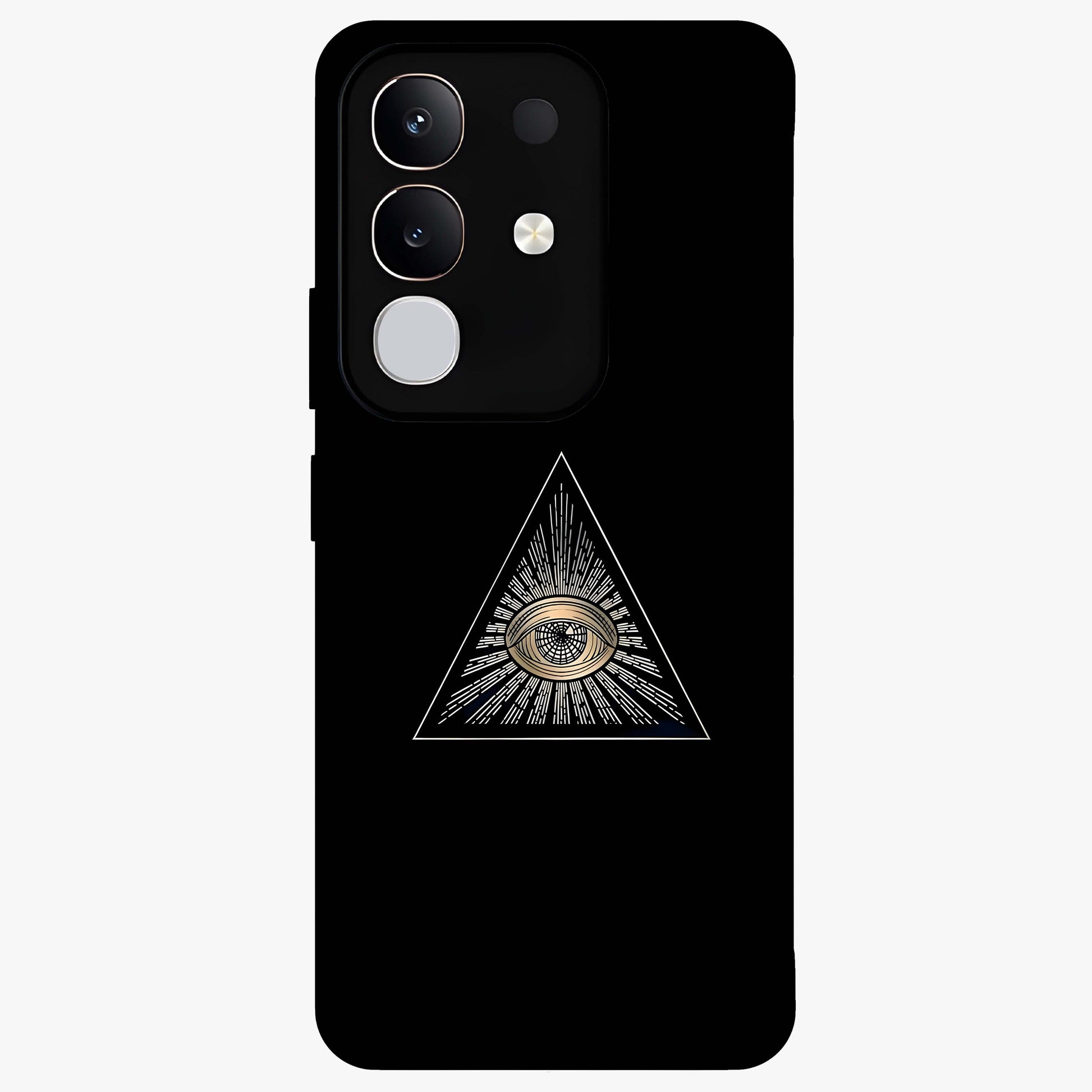Illuminati Evil Glass Case showing flat back view with mysterious illuminati symbol artwork and glossy glass finish.