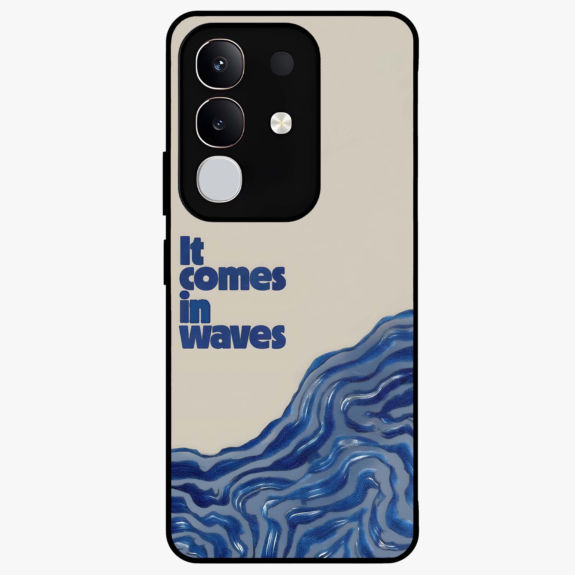 It Comes In Waves Quote Glass Case showing flat back view with inspirational wave themed quote artwork and glossy glass finish.