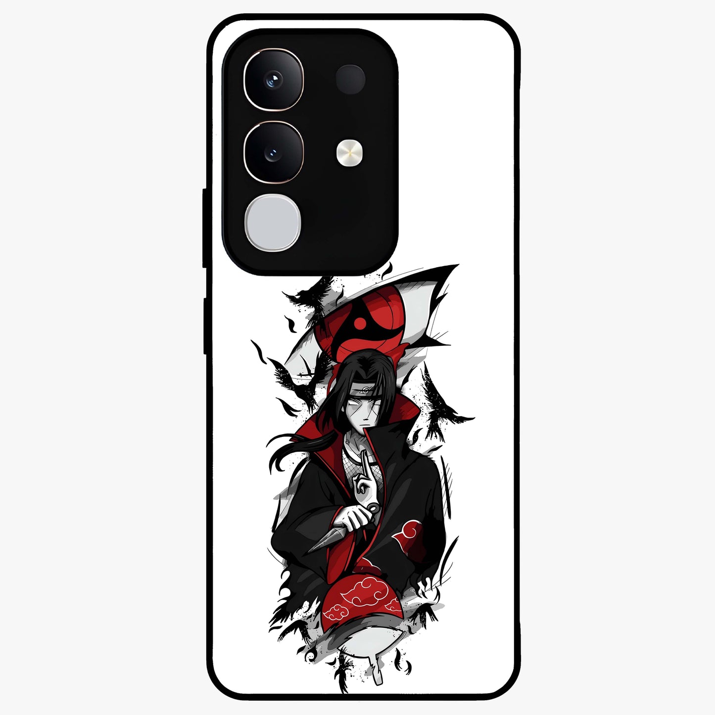 Itachi Sharingan Glass Case showing flat back view with powerful anime eye artwork and glossy glass finish.