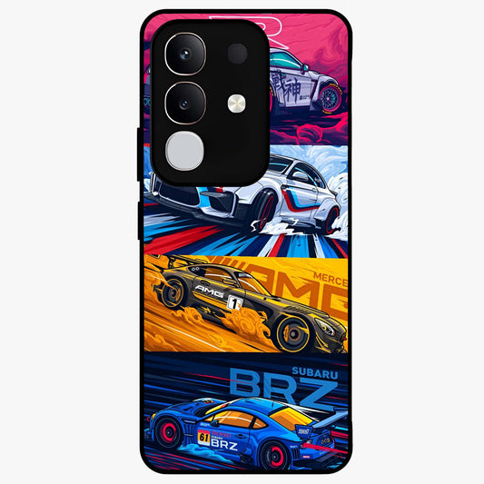 JDM Sports Car Glass Case showing flat back view with high performance sports car artwork and glossy glass finish.
