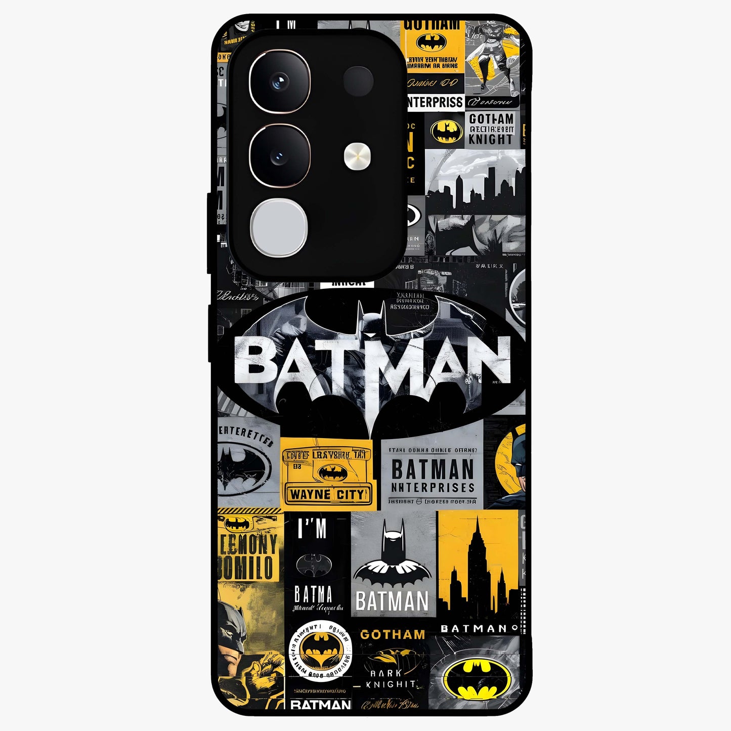 Knight Gotham Rise Glass Case showing flat back view with dark hero inspired artwork and glossy glass finish.