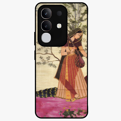 Lady With Veena Art Glass Case showing flat back view with elegant woman playing veena artwork and glossy glass finish.
