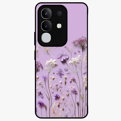Lavender Blossom Dream Glass Case showing flat back view with soft lavender floral artwork and glossy glass finish.
