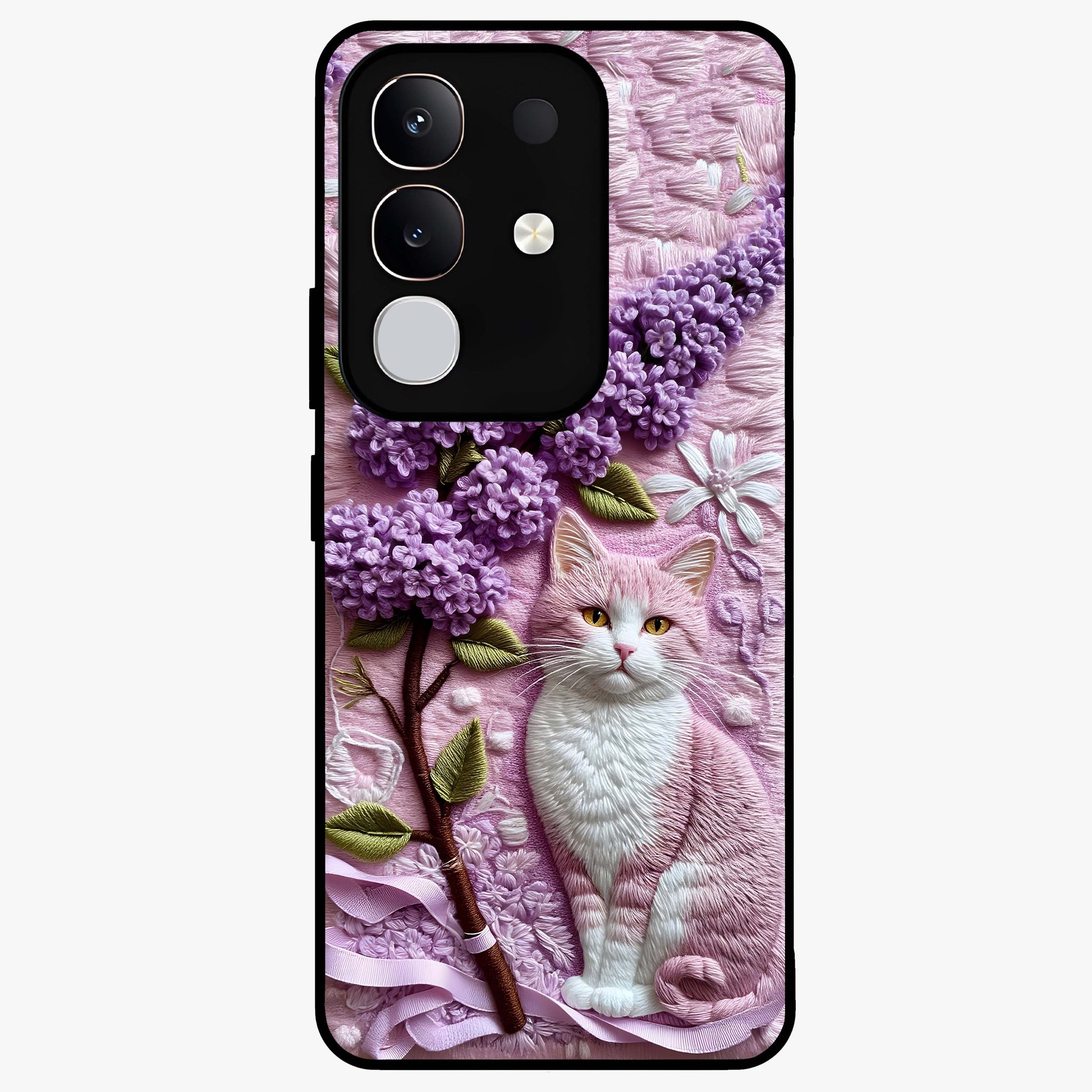 Lavender Cat Whimsy Glass Case showing flat back view with cute lavender cat artwork and glossy glass finish.