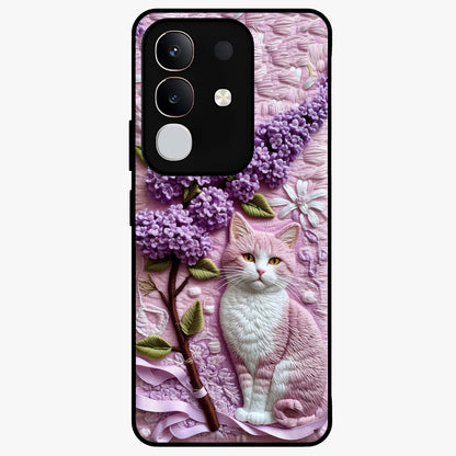 Lavender Cat Whimsy Glass Case showing flat back view with cute lavender cat artwork and glossy glass finish.