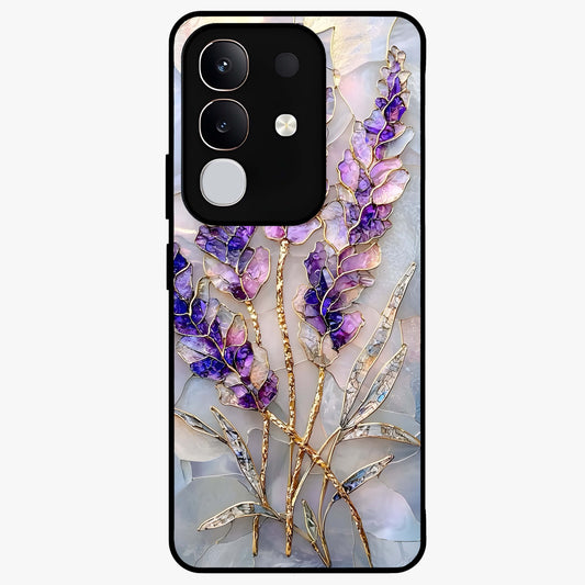 Lavender Dream Glow Glass Case showing flat back view with glowing lavender aesthetic artwork and glossy glass finish.