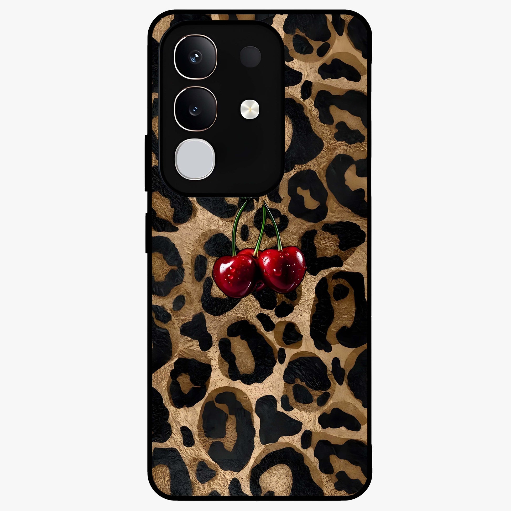 Leopard Wild Cherry Glass Case showing flat back view with leopard pattern and cherry artwork and glossy glass finish.