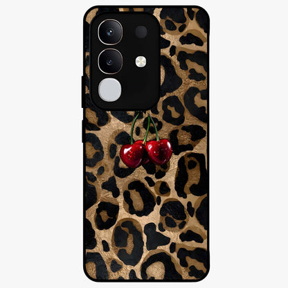 Leopard Wild Cherry Glass Case showing flat back view with leopard pattern and cherry artwork and glossy glass finish.