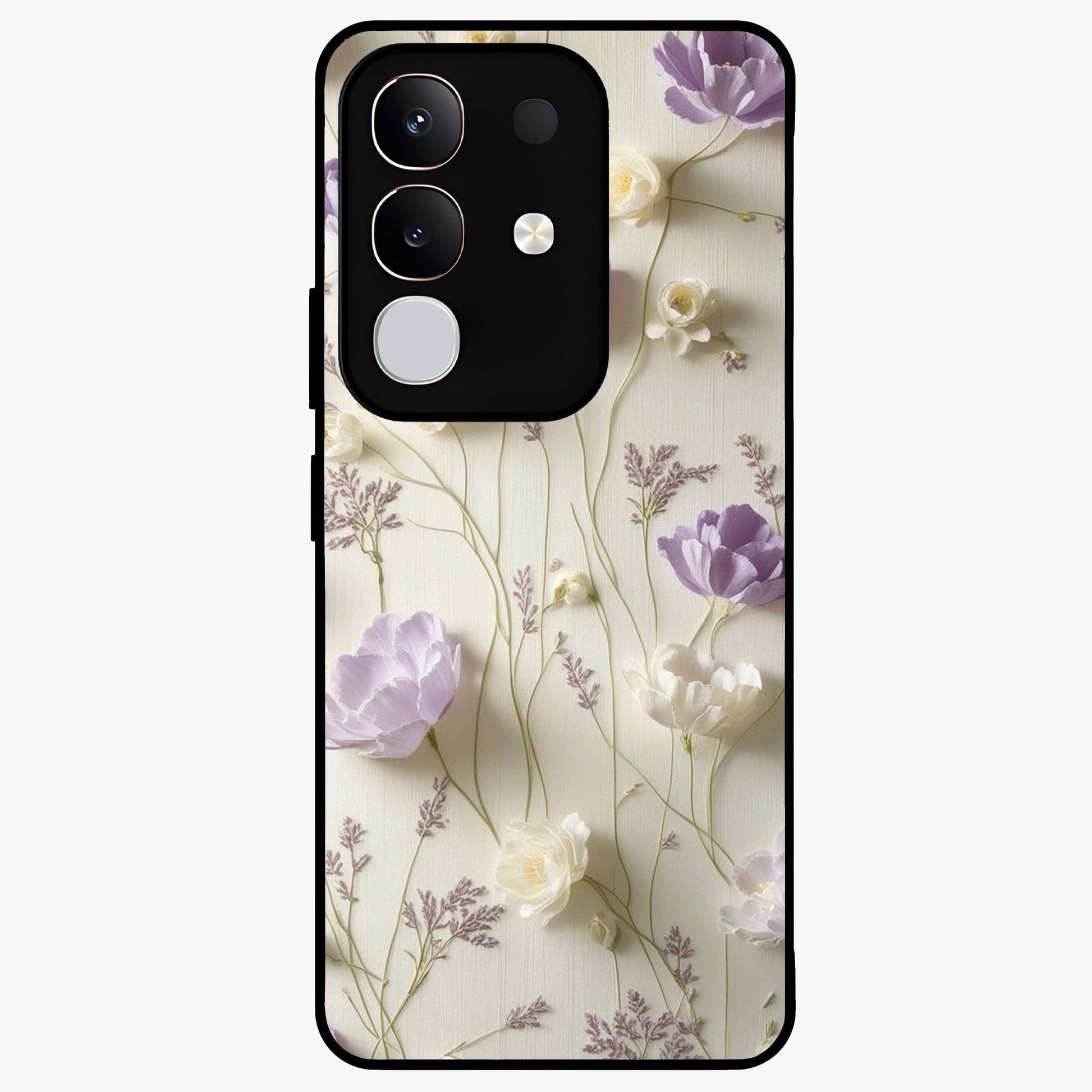 Lilac Breeze Harmony Glass Case showing flat back view with soft lilac themed artwork and glossy glass finish.