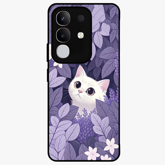 Lilac Hide Peek Cat Glass Case showing flat back view with cute peeking cat artwork and glossy glass finish.