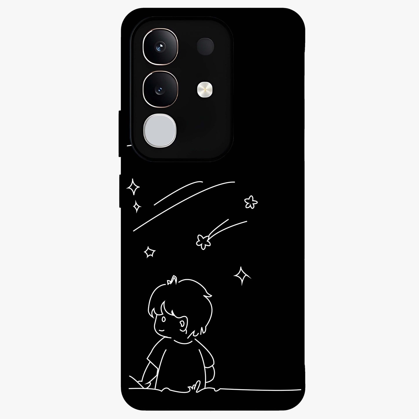 Line Art Boy With Shooting Stars Glass Case showing flat back view with minimal line art boy and shooting stars illustration and glossy glass finish.