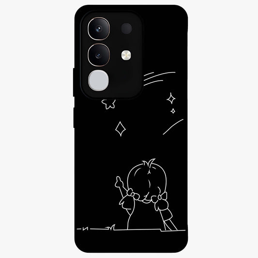Line Art Girl With Shooting Stars Glass Case showing flat back view with minimal line art girl and shooting stars illustration and glossy glass finish.