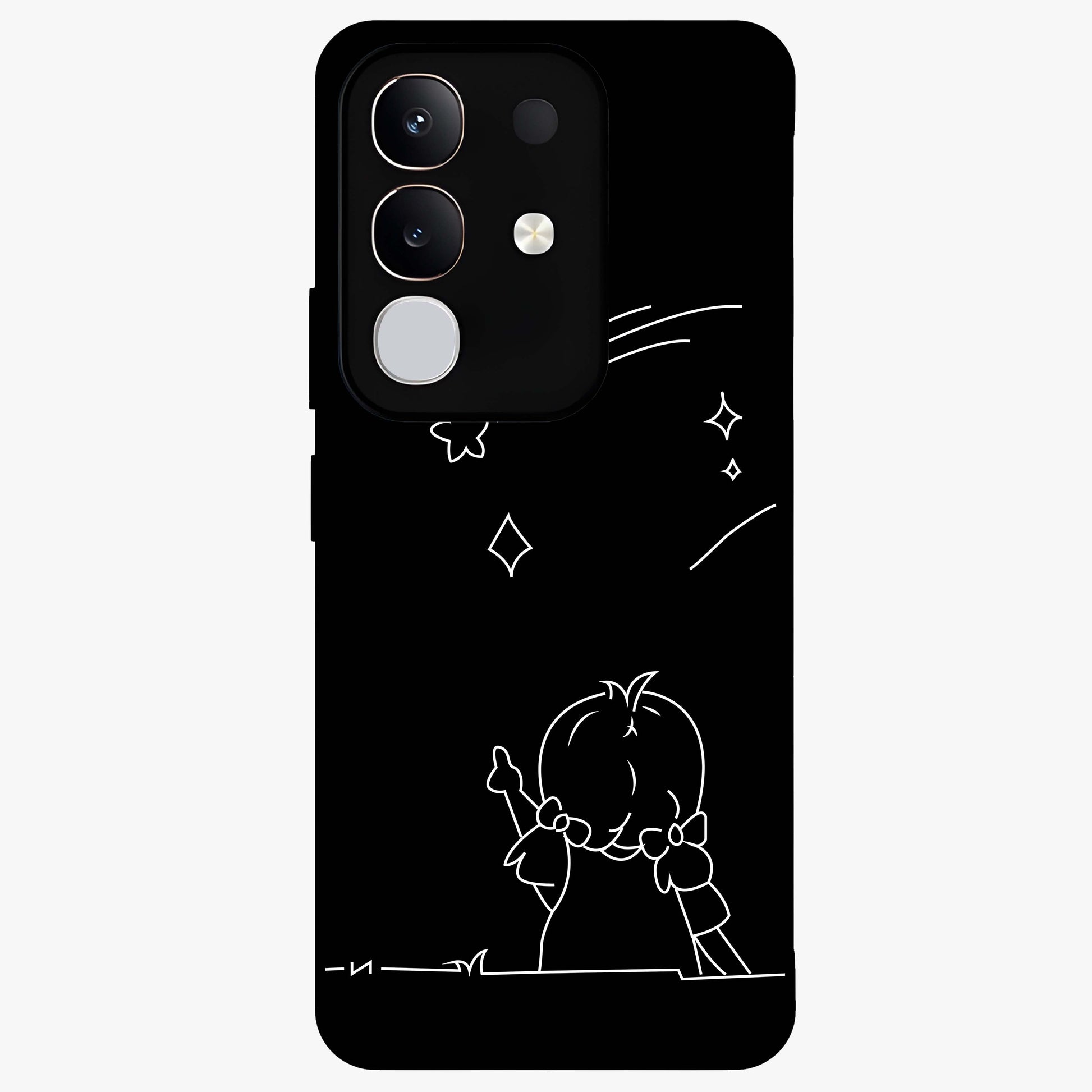 Line Art Girl With Shooting Stars Glass Case showing flat back view with minimal line art girl and shooting stars illustration and glossy glass finish.